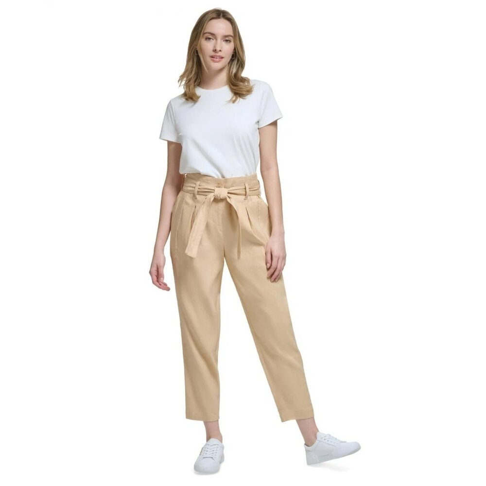 Calvin Klein Linen Blend Belted High Waist Pleated Pants Tan Size 12